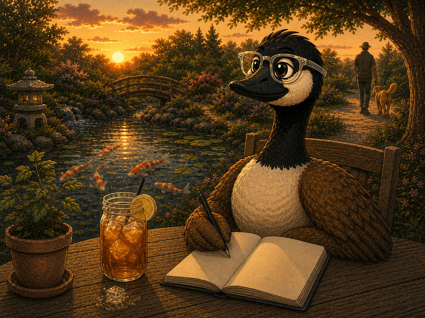 Gilbert the goose writing in a journal on a porch at sunrise