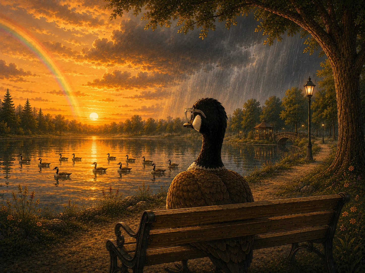 Gilbert the goose watching a sunrise over a lake